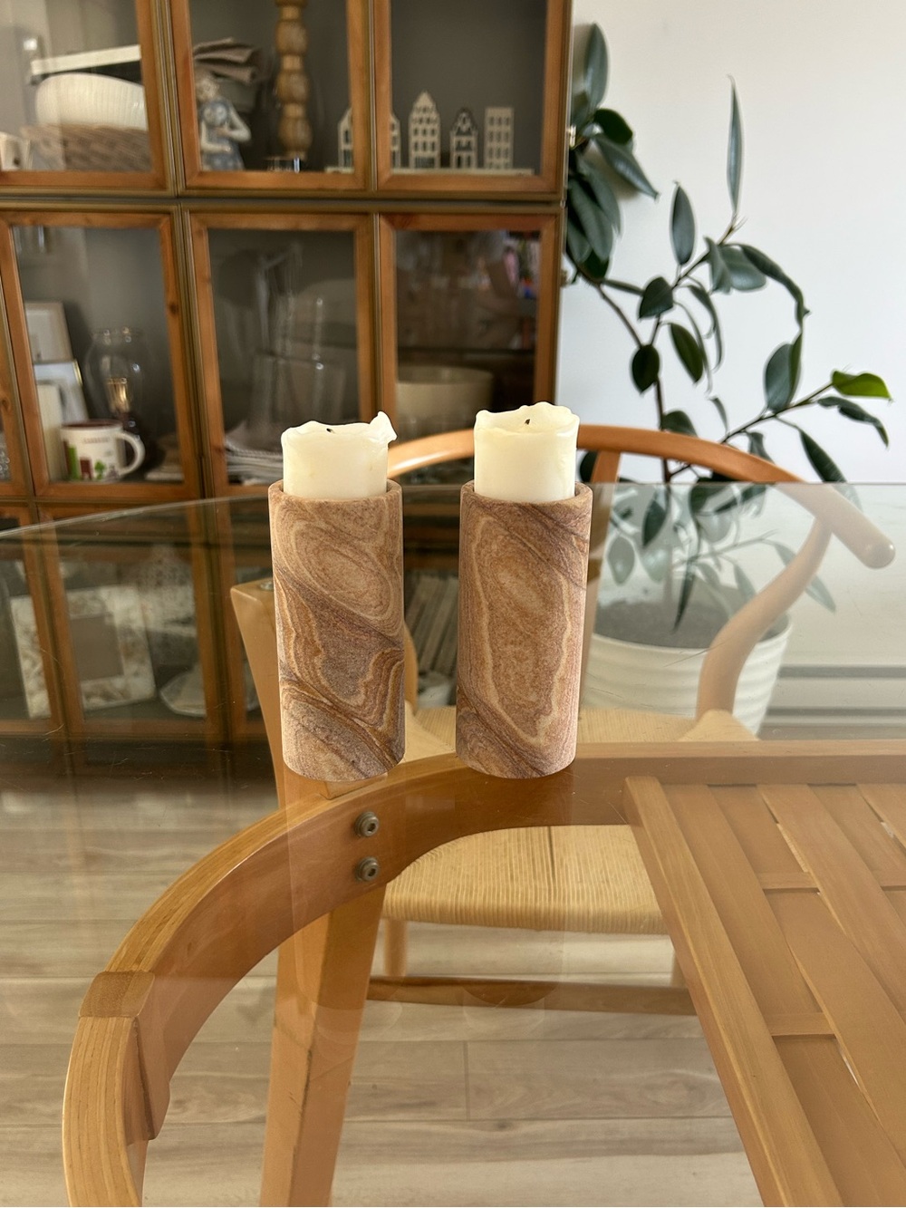 Neutral Brown Stone Pillar Candle Holders
